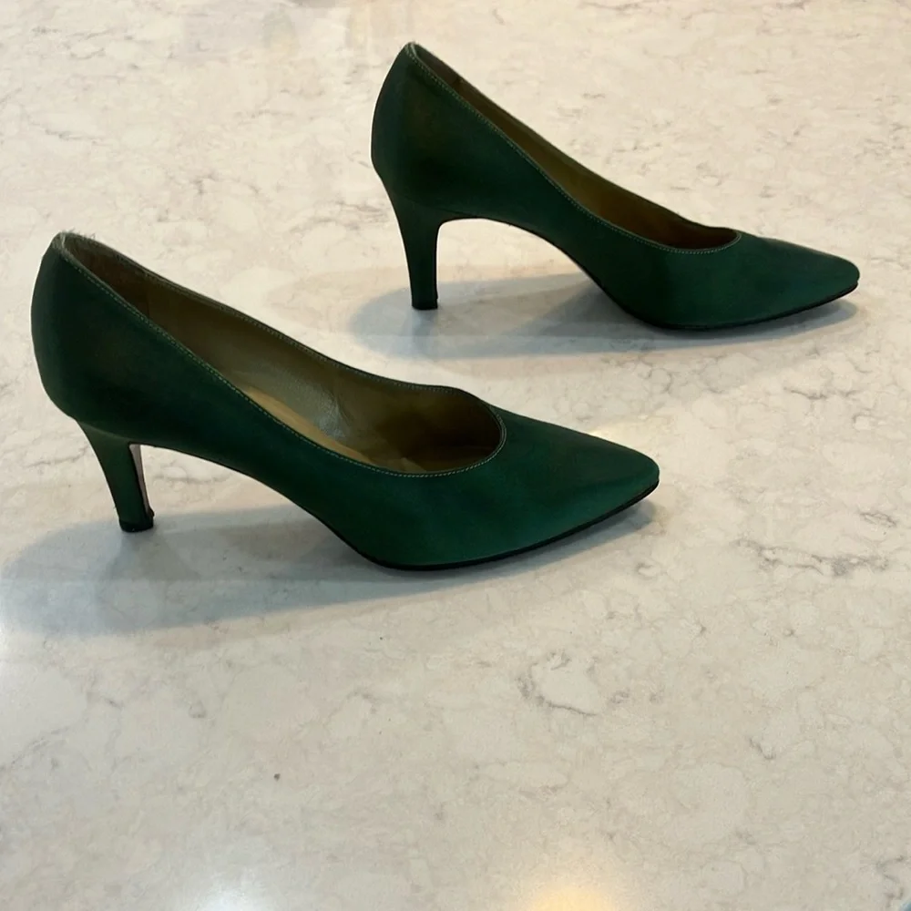Vintage Yves Saint Laurent Forest/Hunter Green Silk Satin Pumps Sz 6.5‎ N- EUC - Picture 4 of 11